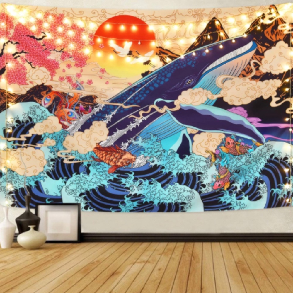 WHALE SUNSET WAVES TAPESTRY WALL HANGING ART